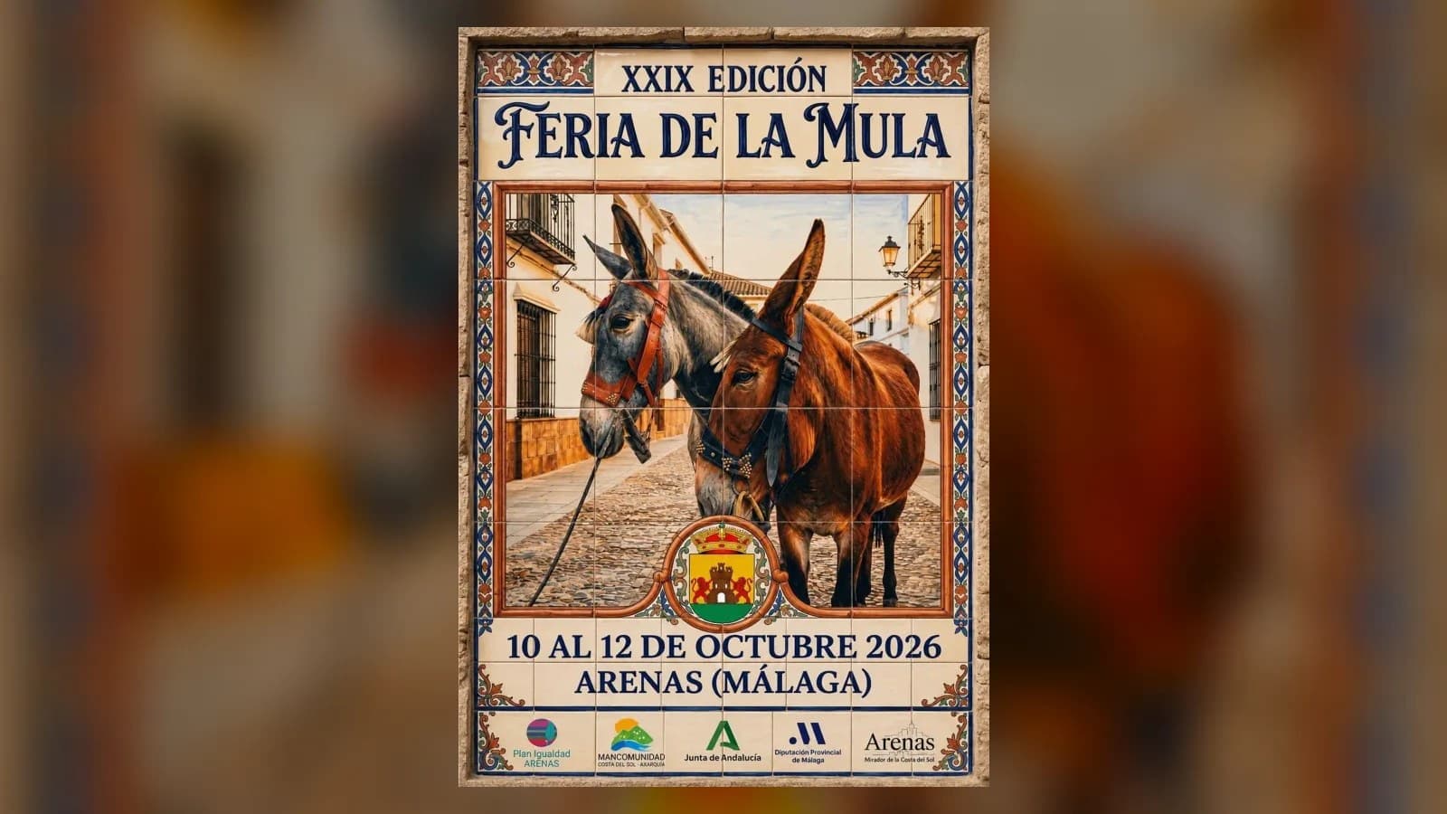Cartel de la XXIX Feria de la Mula de Arenas, del 10 al 12 de octubre de 2026, con dos mulas en un azulejo de cerámica